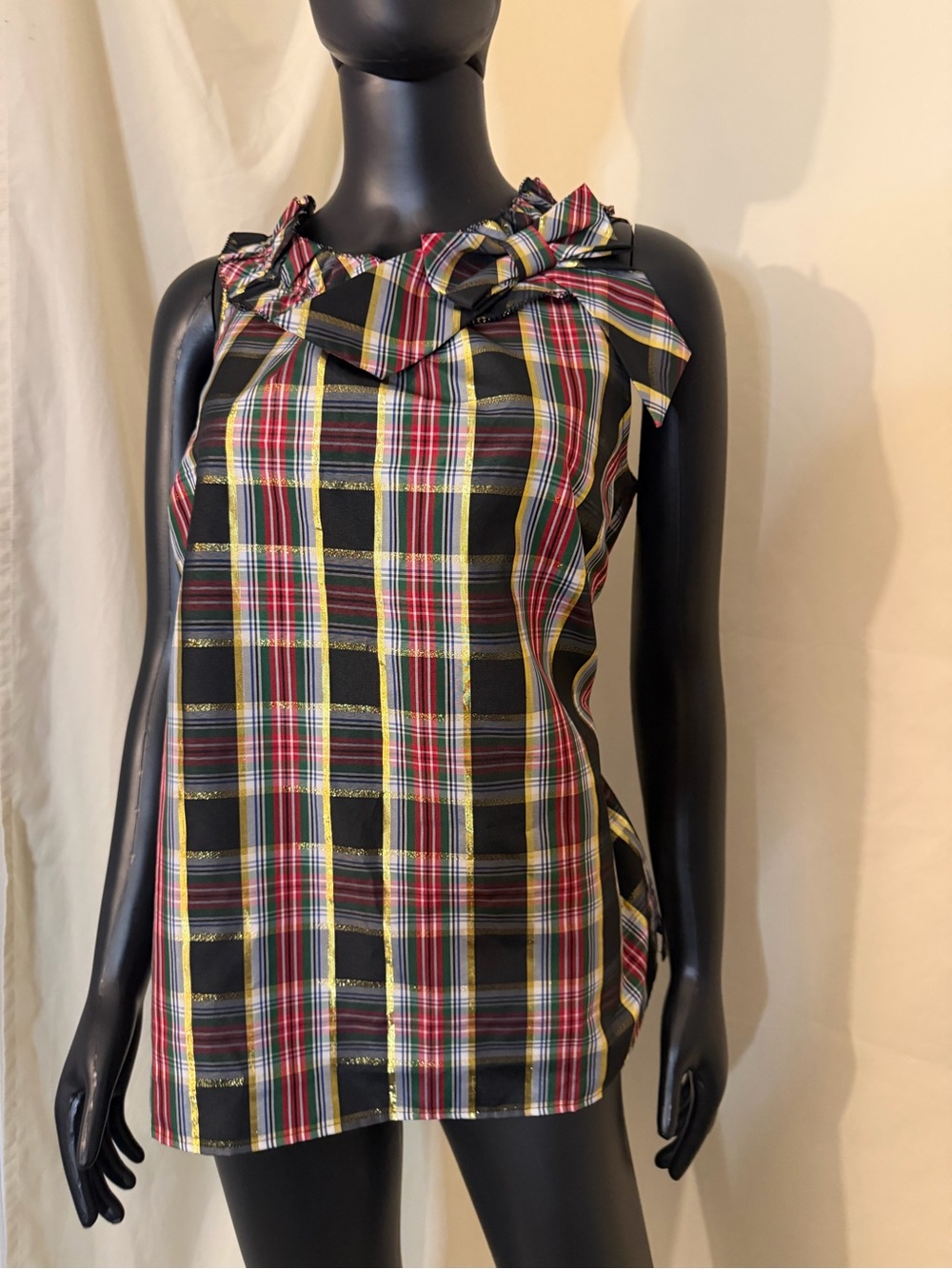 Talbots Plaid Bow-Shoulder Sleeveless Top in Black and Gold